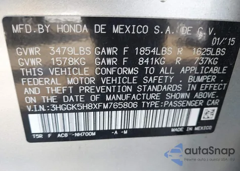 2015 Honda Fit Ex/Ex-L from USA, damaged, VIN 3HGGK5H8XFM765806